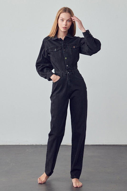 High Waist Flap Pocket Half Button Denim Jumpsuit