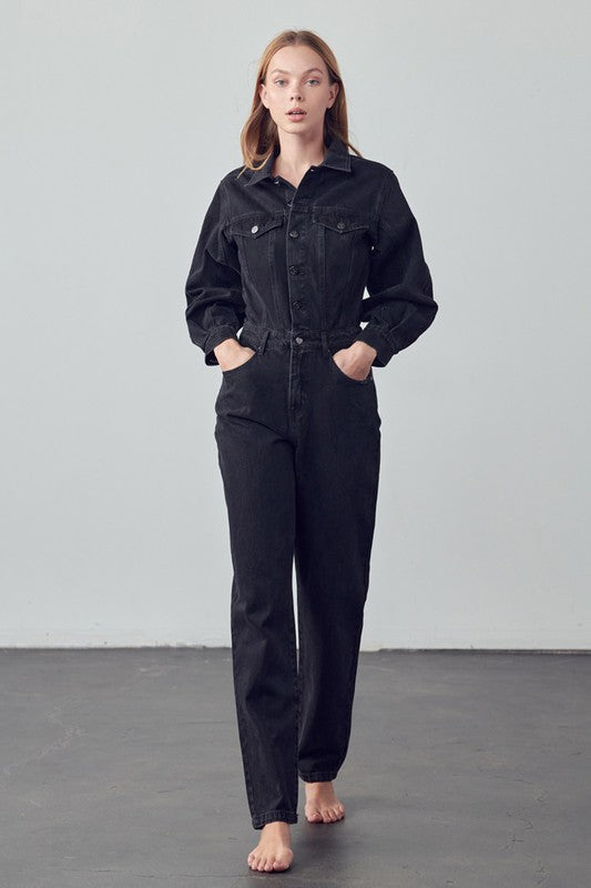 High Waist Flap Pocket Half Button Denim Jumpsuit