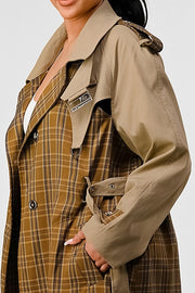 PLAID AND KHAKI CONTRAST TRENCH COAT