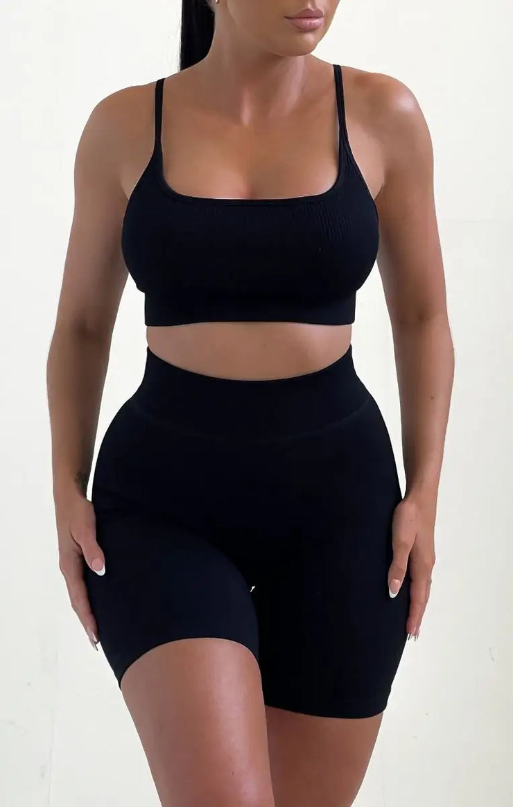 Black Strappy High Waisted Ribbed Top And Shorts Activewear