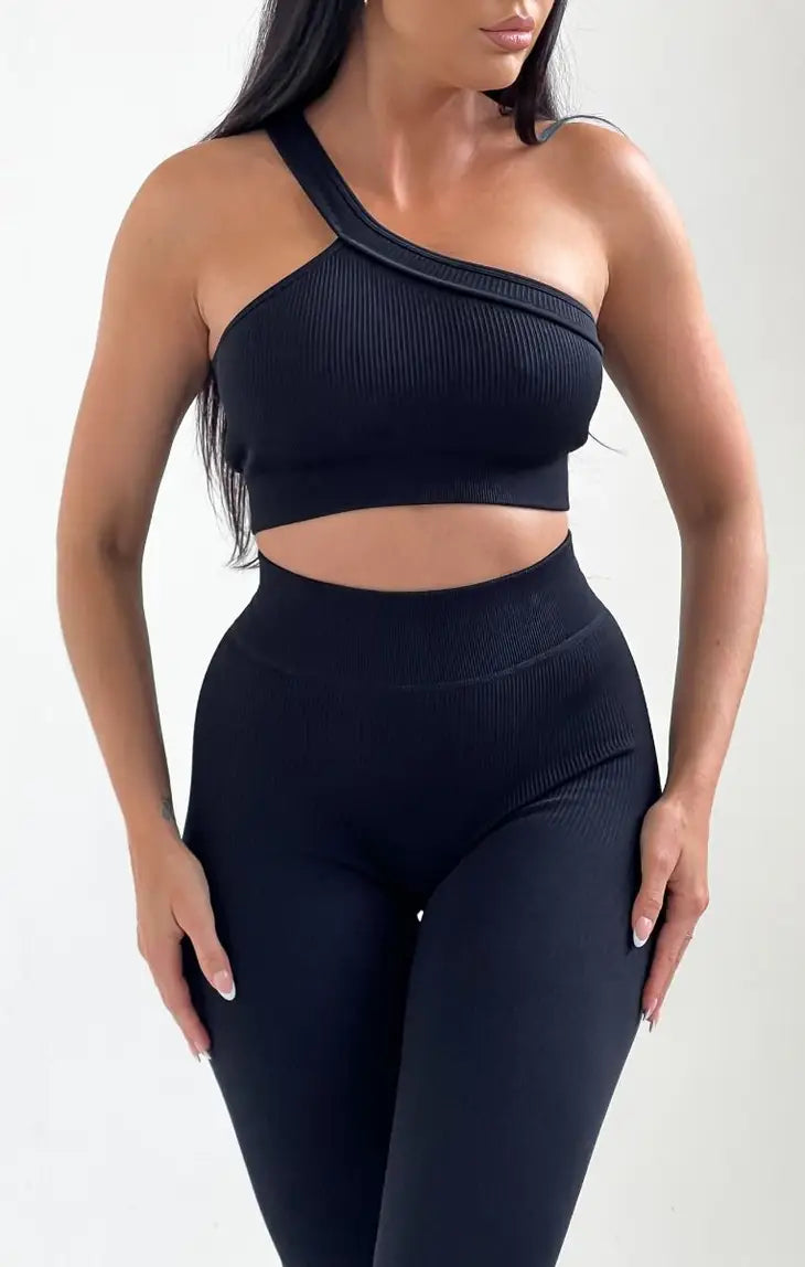 Black Ribbed One Shoulder Fitted Activewear Set - Aurora – Tonico Brand