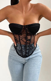 Black Strapless Lace Corset Style Top - Rey