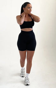 Black Strappy High Waisted Ribbed Top And Shorts Activewear