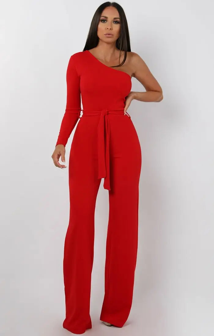 Red Belted One Shoulder Jumpsuit - Evelyn – Tonico Brand