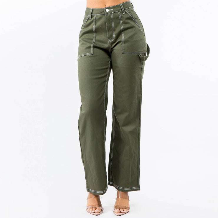 Women Plaid Ruched Cargo Pants High Waist Contrast Color Bell