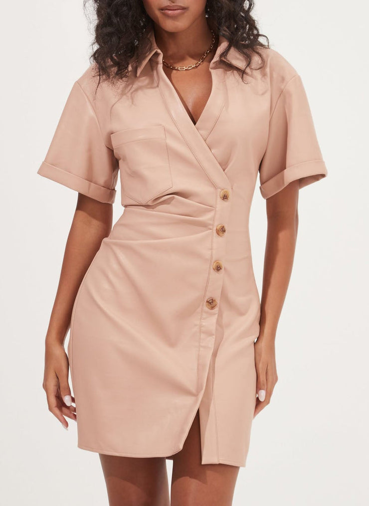 TERRA FAUX LEATHER BUTTON UP MINI DRESS