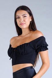 OFF SHOULDER GATHERED BUST FRONT TIE CROP TOP - Tonico Brand